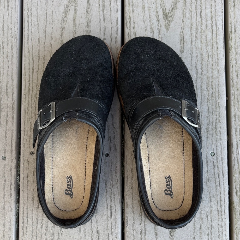Bass Black Suede Buckle Slip-Ons
